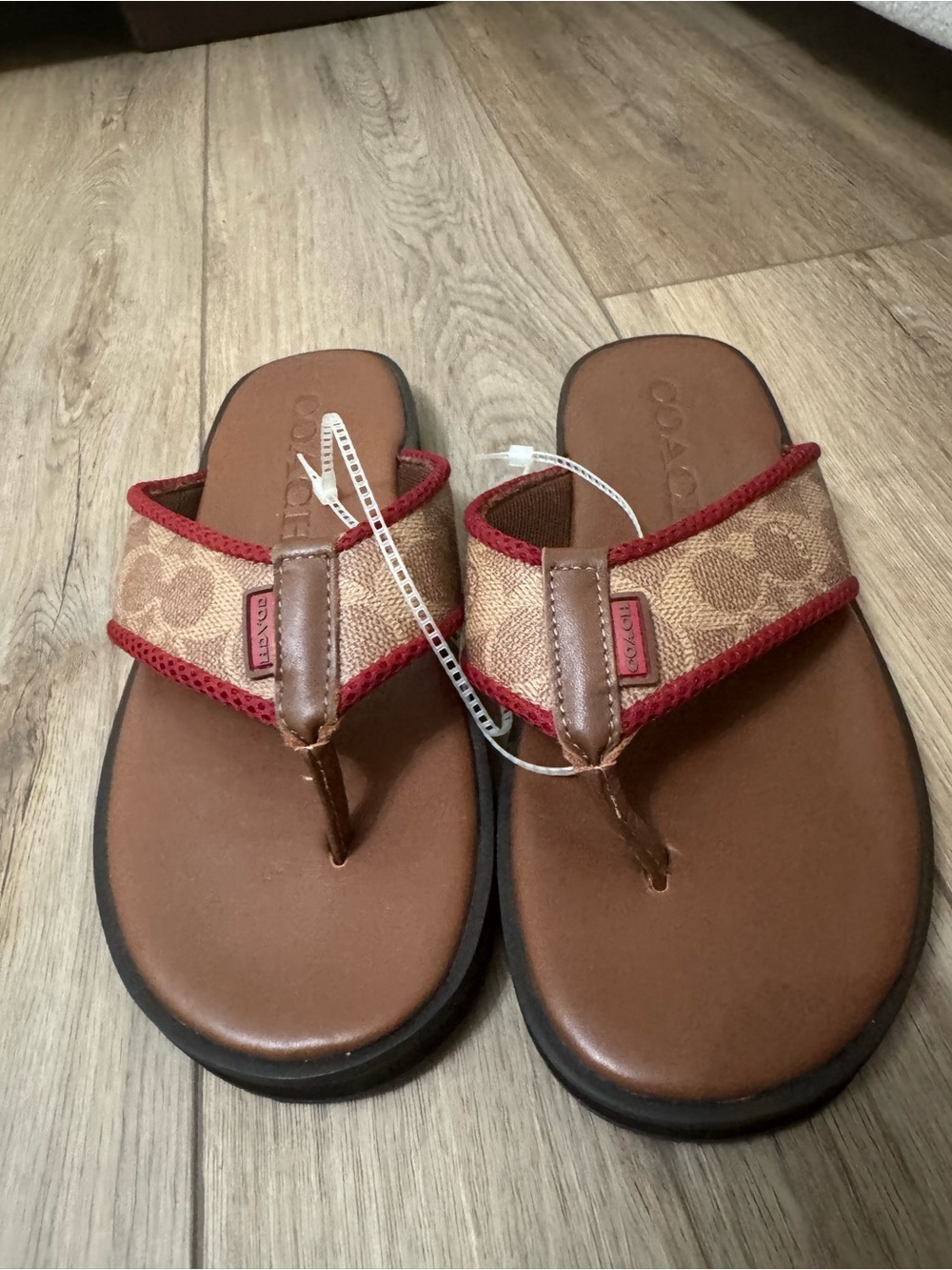 Coach Kids Brown and Red Signature Logo Thong Sandals
